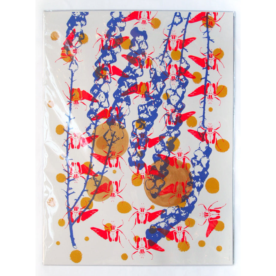 Red Goliath Beetles with Periwinkle Screenprint on Paper 18" x 24"