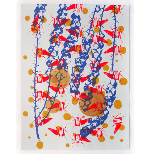 Red Goliath Beetles with Periwinkle Screenprint on Paper 18" x 24"