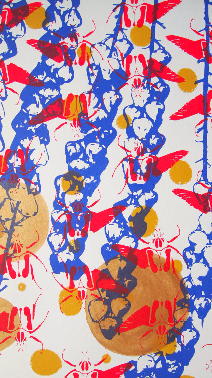 Red Goliath Beetles with Periwinkle Screenprint on Paper 18" x 24"