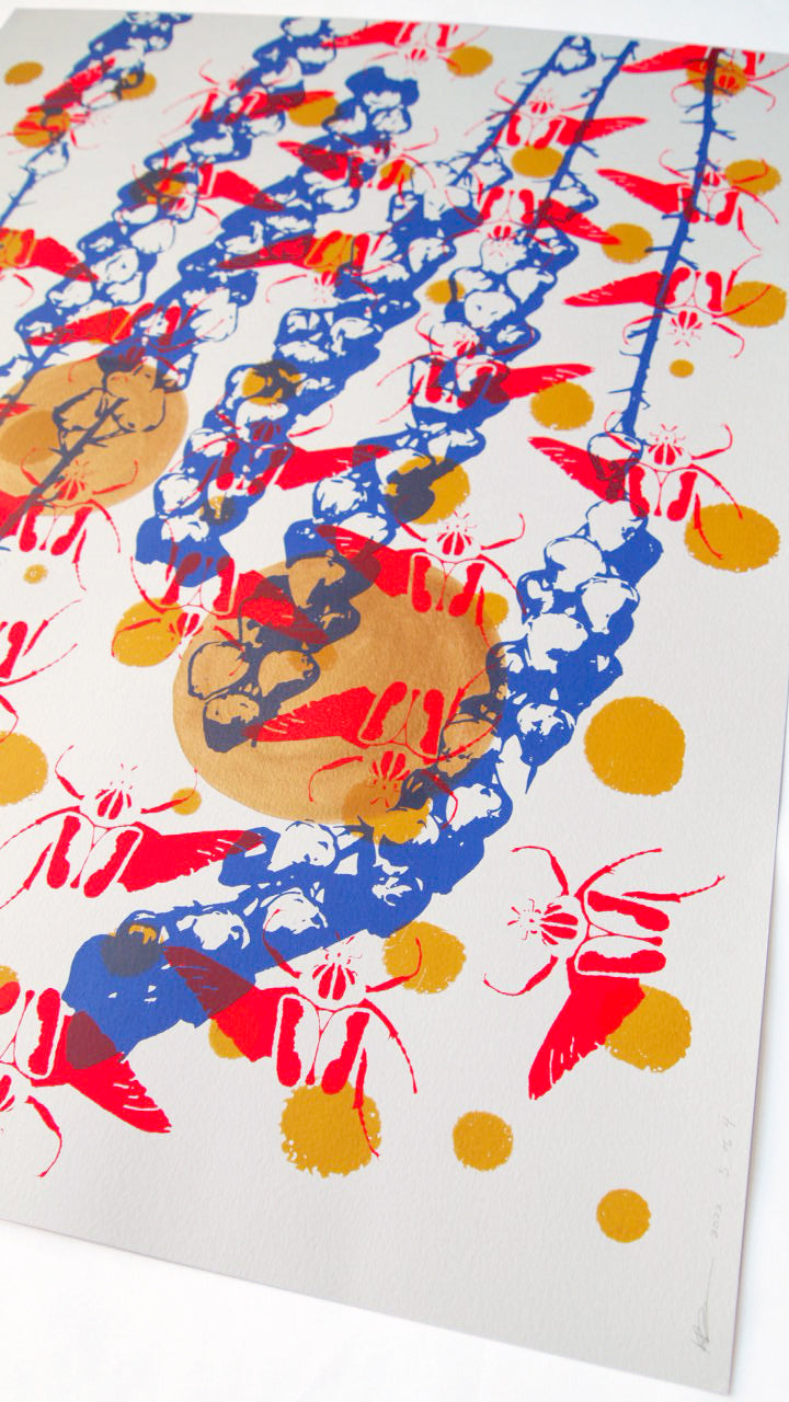 Red Goliath Beetles with Periwinkle Screenprint on Paper 18" x 24"