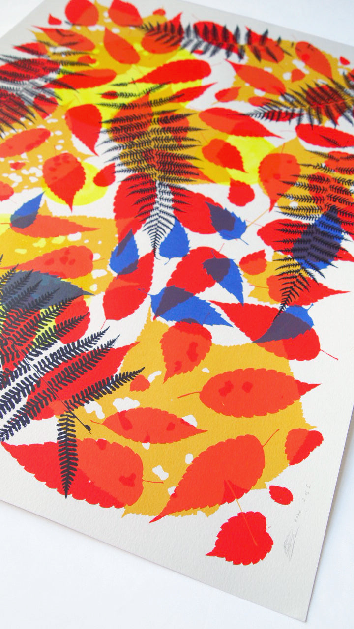 Navy Fern with Reds Screenprint on Paper 18" x 24"