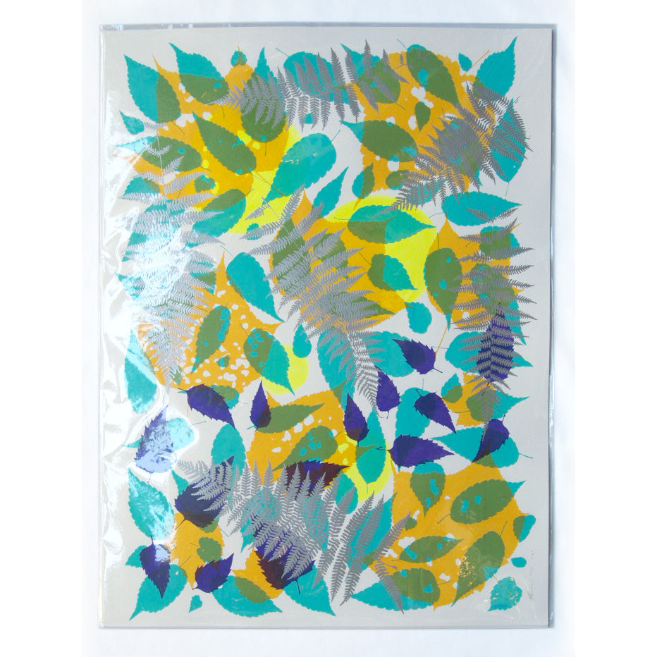 Metallic Silver Fern with Yellow and Turquoise Screenprint on Paper 18" x 24"