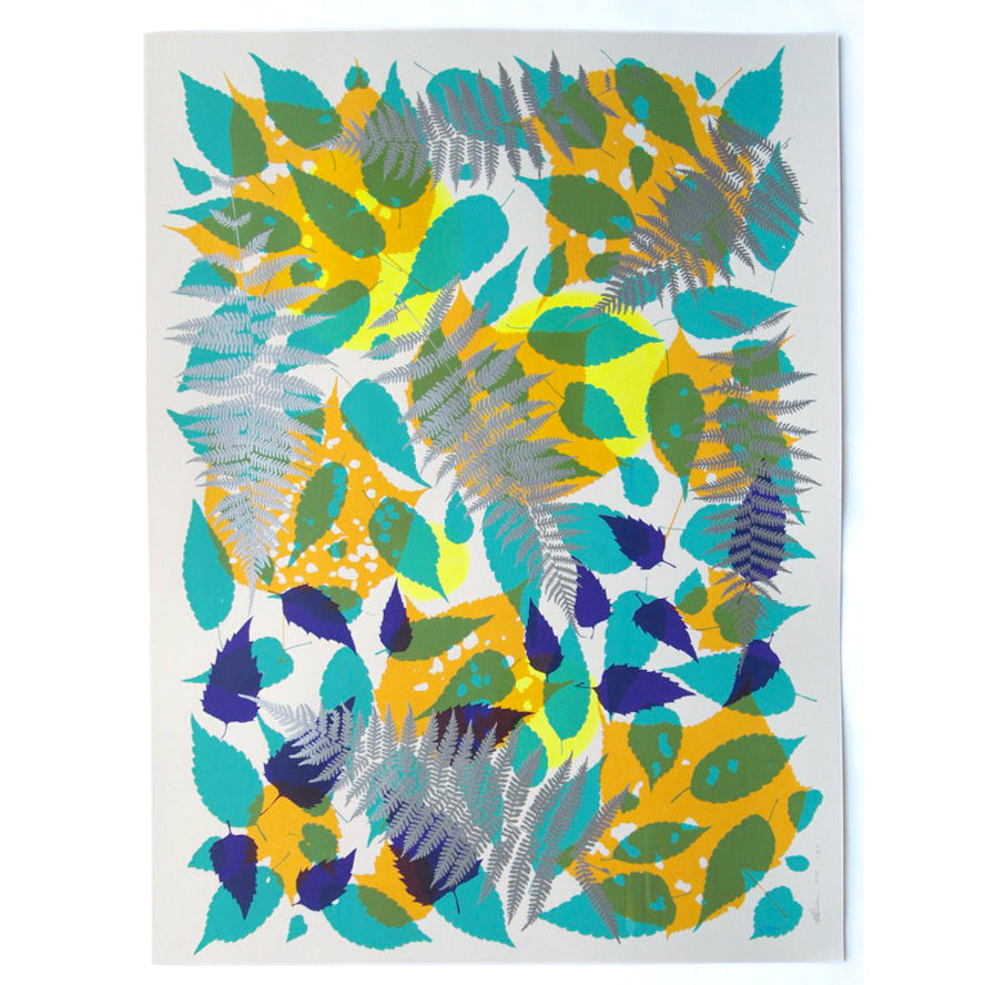 Metallic Silver Fern with Yellow and Turquoise Screenprint on Paper 18" x 24"