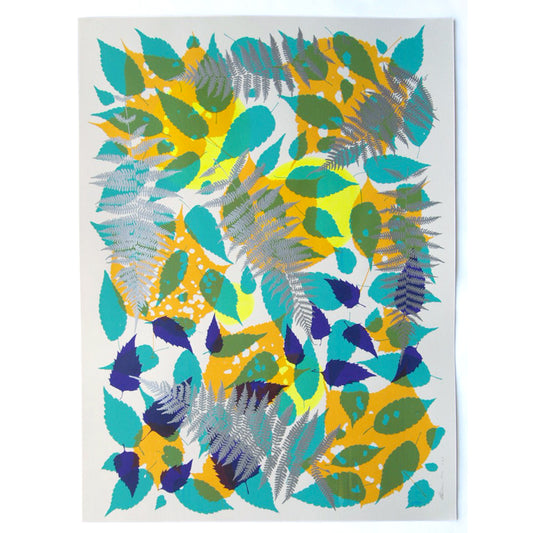 Metallic Silver Fern with Yellow and Turquoise Screenprint on Paper 18" x 24"