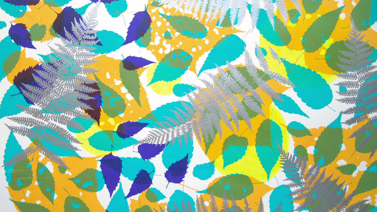 Metallic Silver Fern with Yellow and Turquoise Screenprint on Paper 18" x 24"