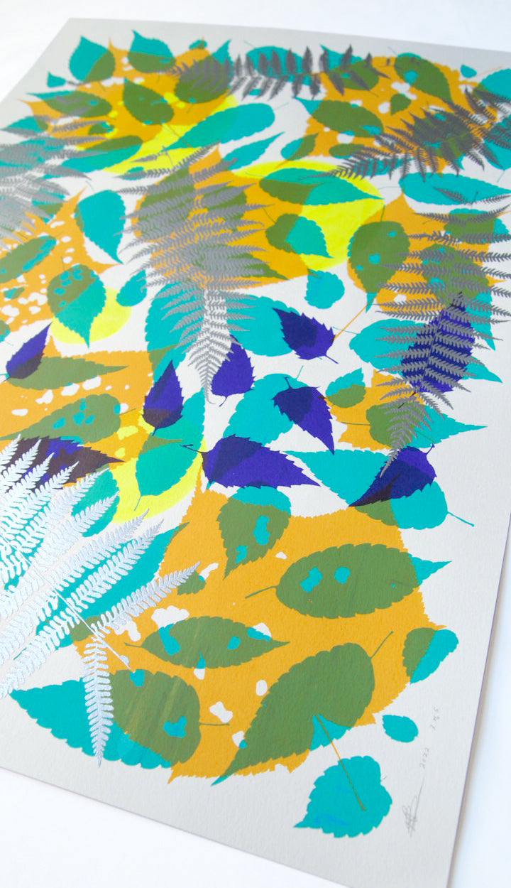 Metallic Silver Fern with Yellow and Turquoise Screenprint on Paper 18" x 24"