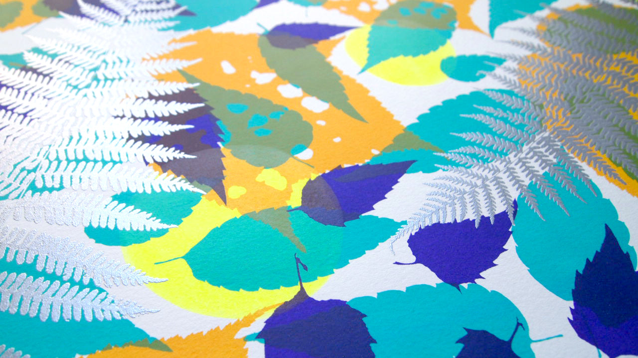 Metallic Silver Fern with Yellow and Turquoise Screenprint on Paper 18" x 24"