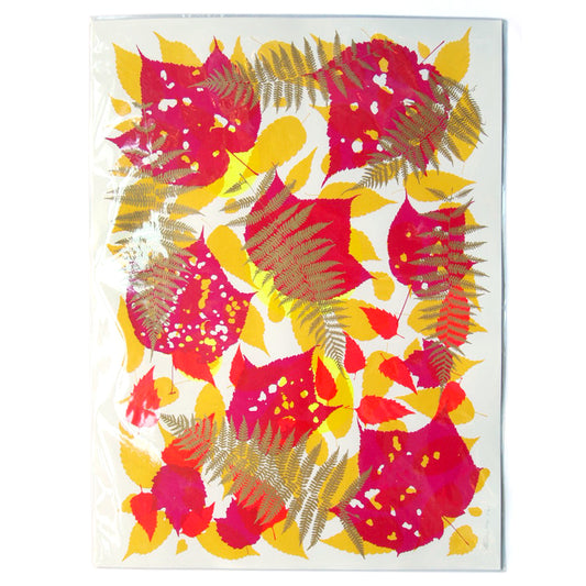 Metallic Gold Fern with Red and Yellow Screenprint on Paper 18" x 24"