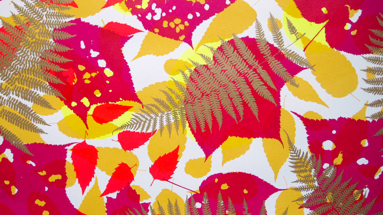 Metallic Gold Fern with Red and Yellow Screenprint on Paper 18" x 24"