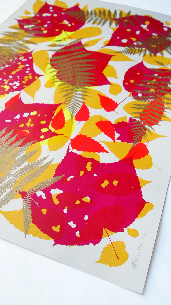 Metallic Gold Fern with Red and Yellow Screenprint on Paper 18" x 24"