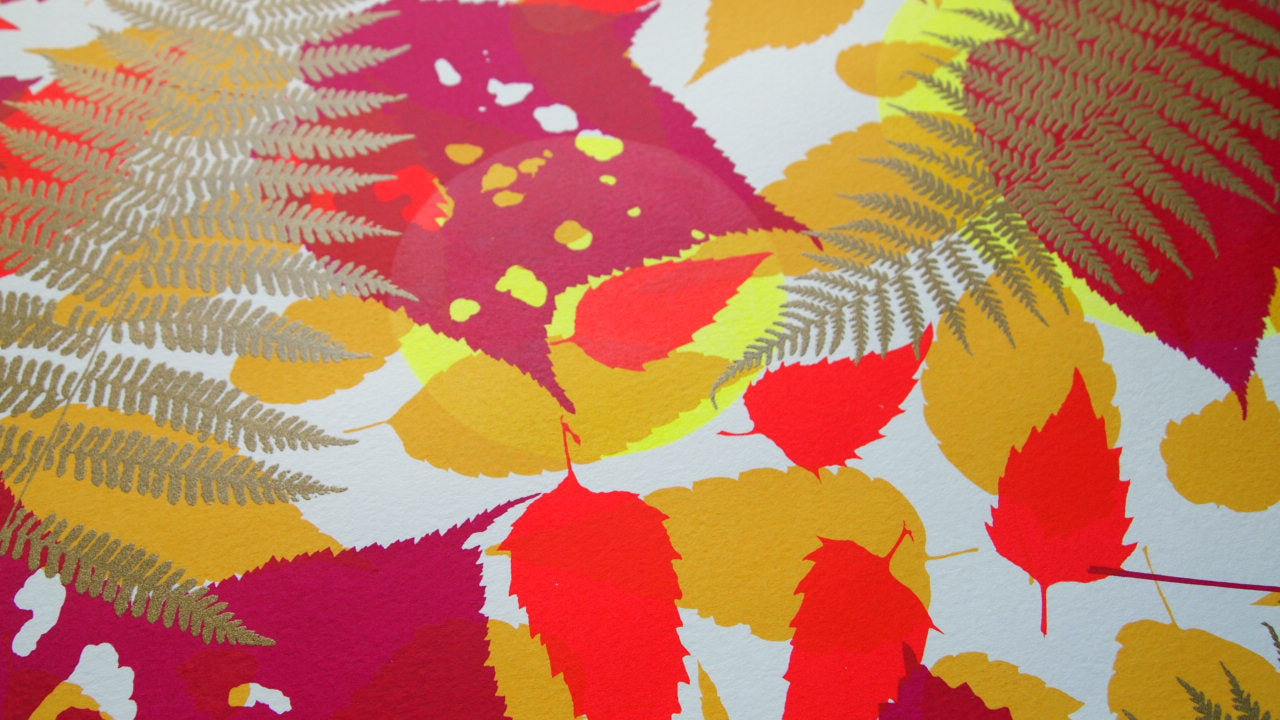 Metallic Gold Fern with Red and Yellow Screenprint on Paper 18" x 24"