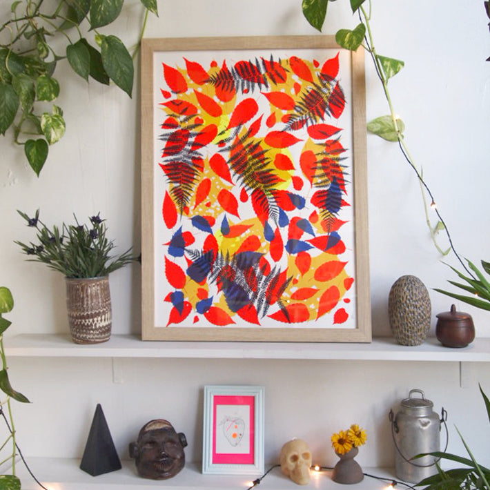 Metallic Gold Fern with Red and Yellow Screenprint on Paper 18" x 24"