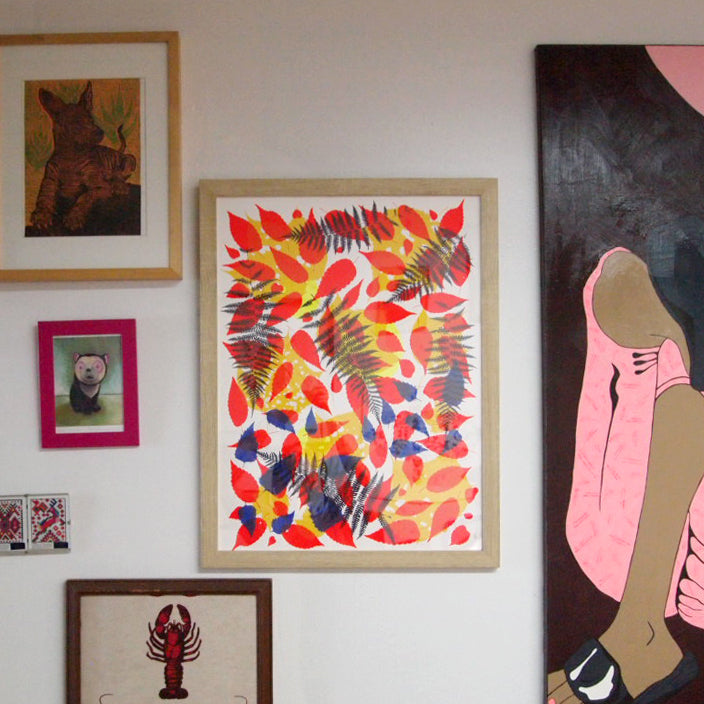 Metallic Gold Fern with Red and Yellow Screenprint on Paper 18" x 24"