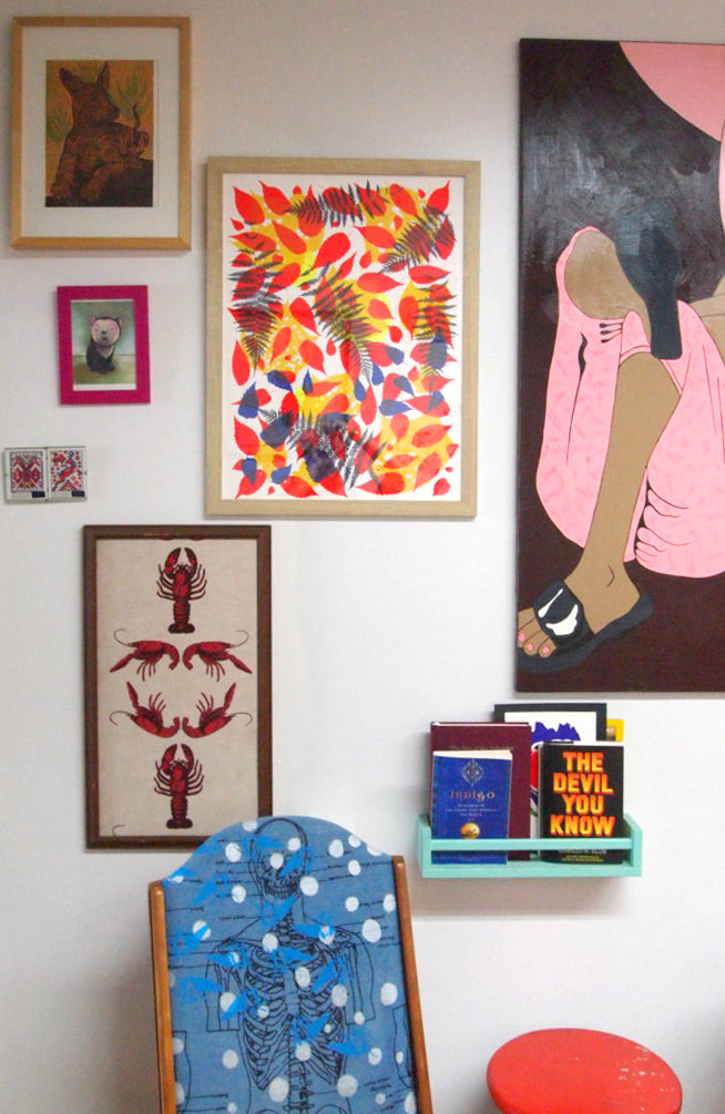 Metallic Gold Fern with Red and Yellow Screenprint on Paper 18" x 24"