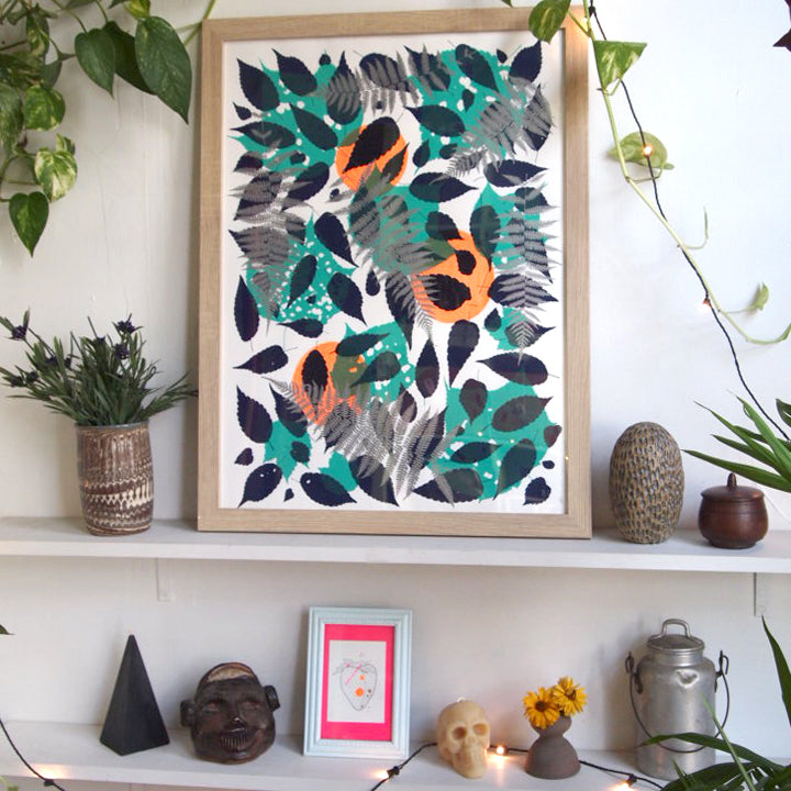 #2 Metallic Silver Fern with Navy and Teal Screenprint on Paper