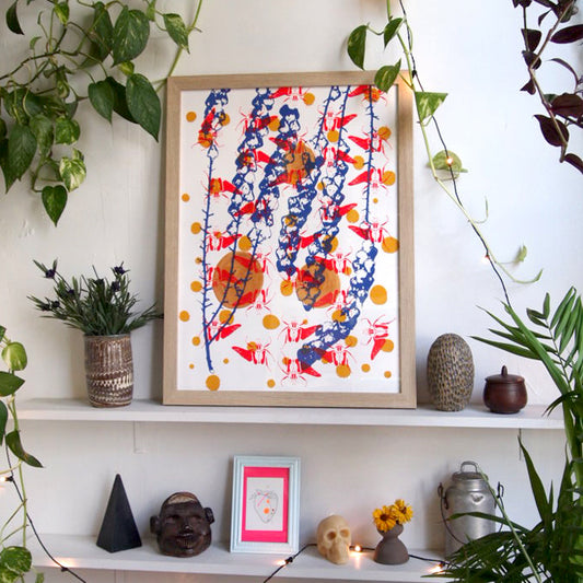 Red Goliath Beetles with Periwinkle Screenprint on Paper 18" x 24"