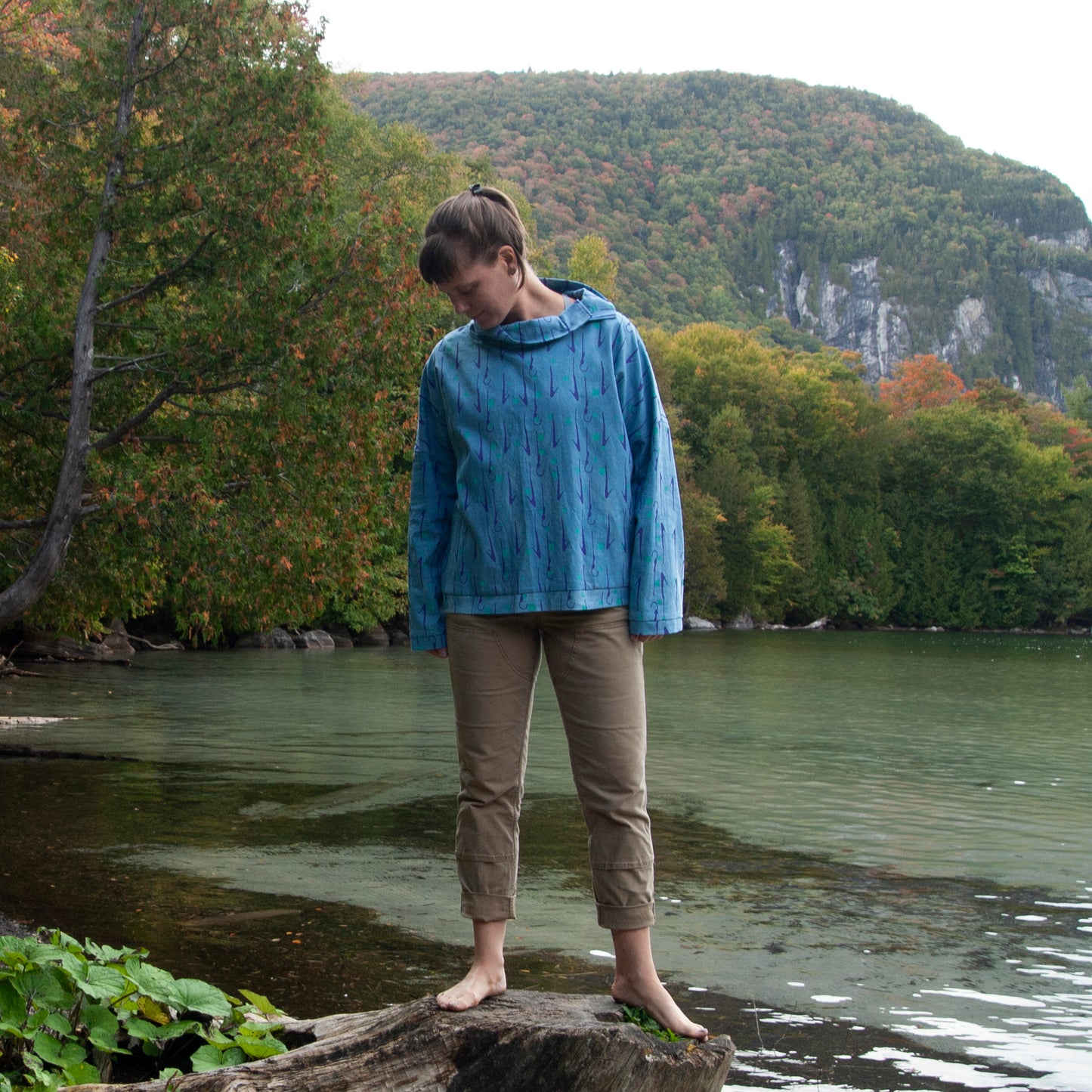 Blue Linen Pullover with Popped Collar