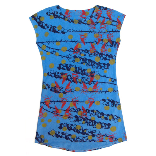 Indigo Dyed Linen Shift Dress with bellflowers, goliath beetles, and polka dots