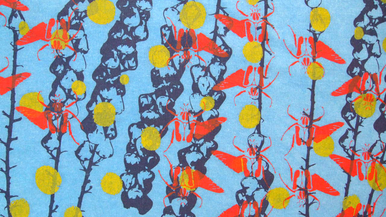 Indigo Dyed Linen Shift Dress with bellflowers, goliath beetles, and polka dots