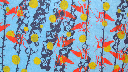 Indigo Dyed Linen Shift Dress with bellflowers, goliath beetles, and polka dots