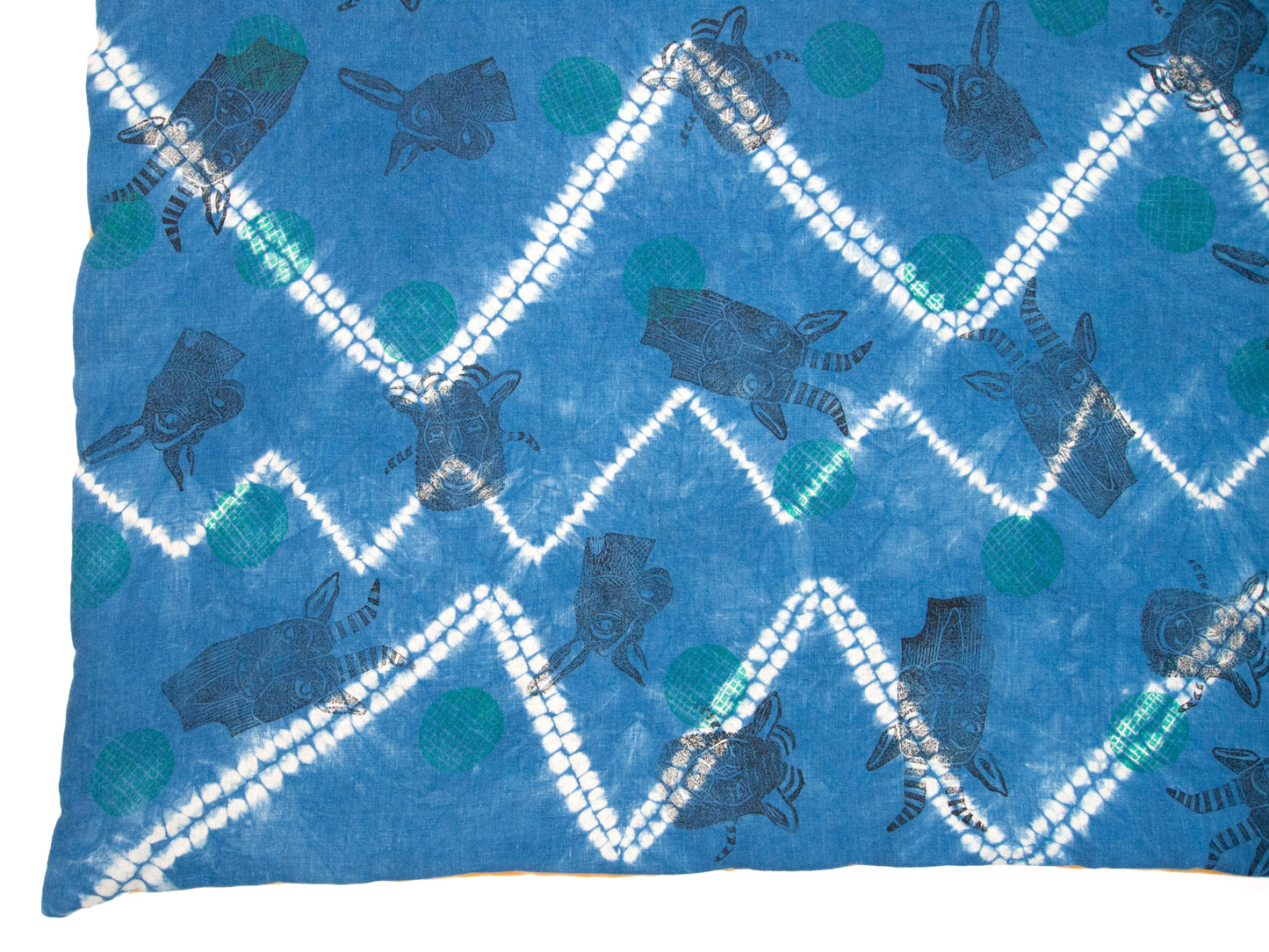 Padded Throw // Indigo Dyed Linen Printed with Animal Blocks and Polka Dots