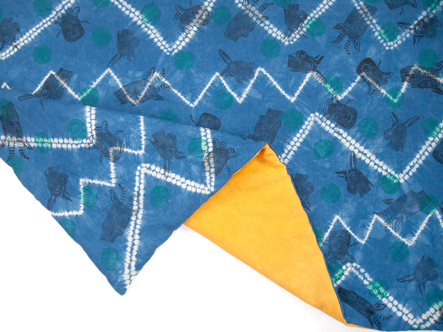 Padded Throw // Indigo Dyed Linen Printed with Animal Blocks and Polka Dots