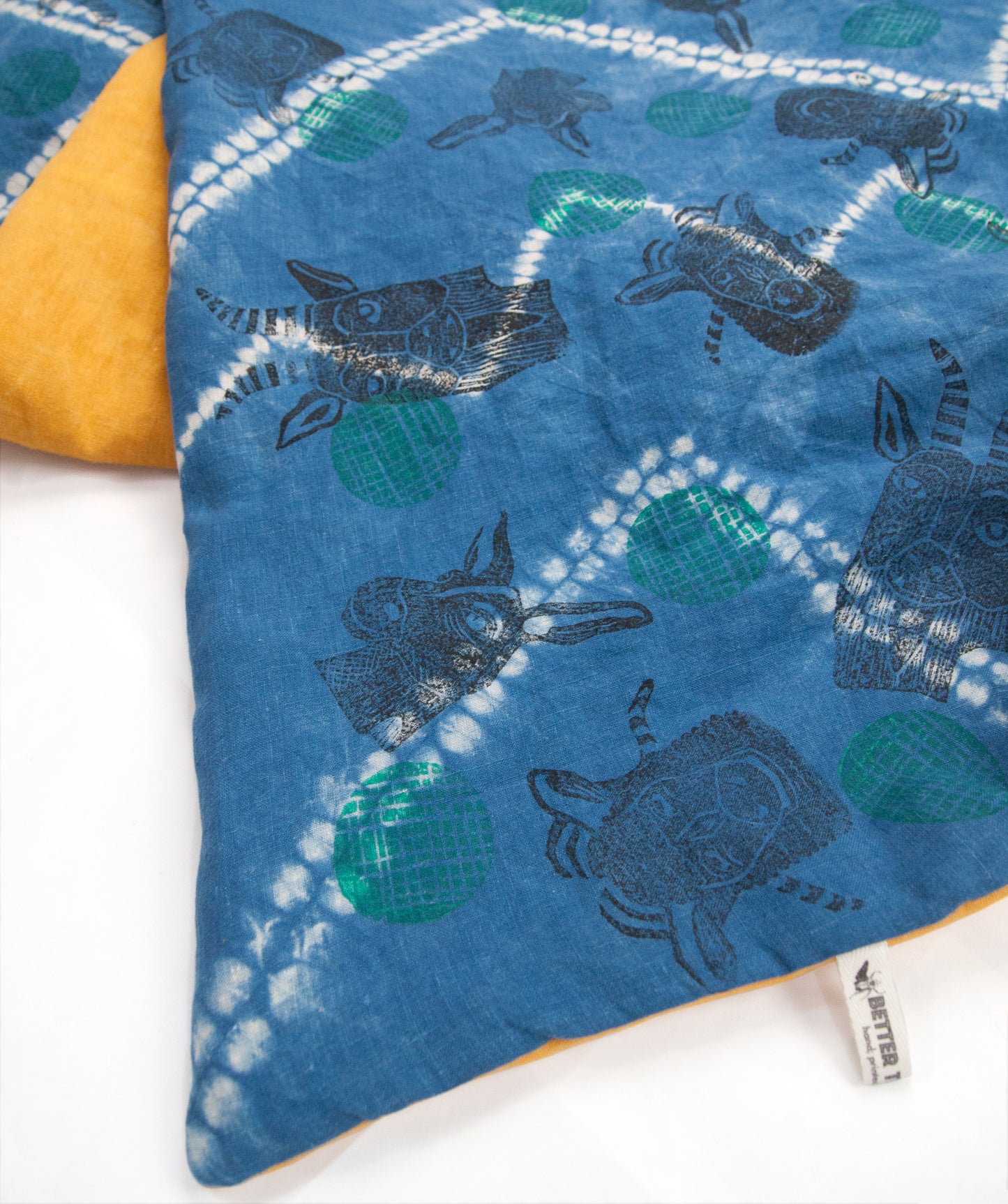 Padded Throw // Indigo Dyed Linen Printed with Animal Blocks and Polka Dots
