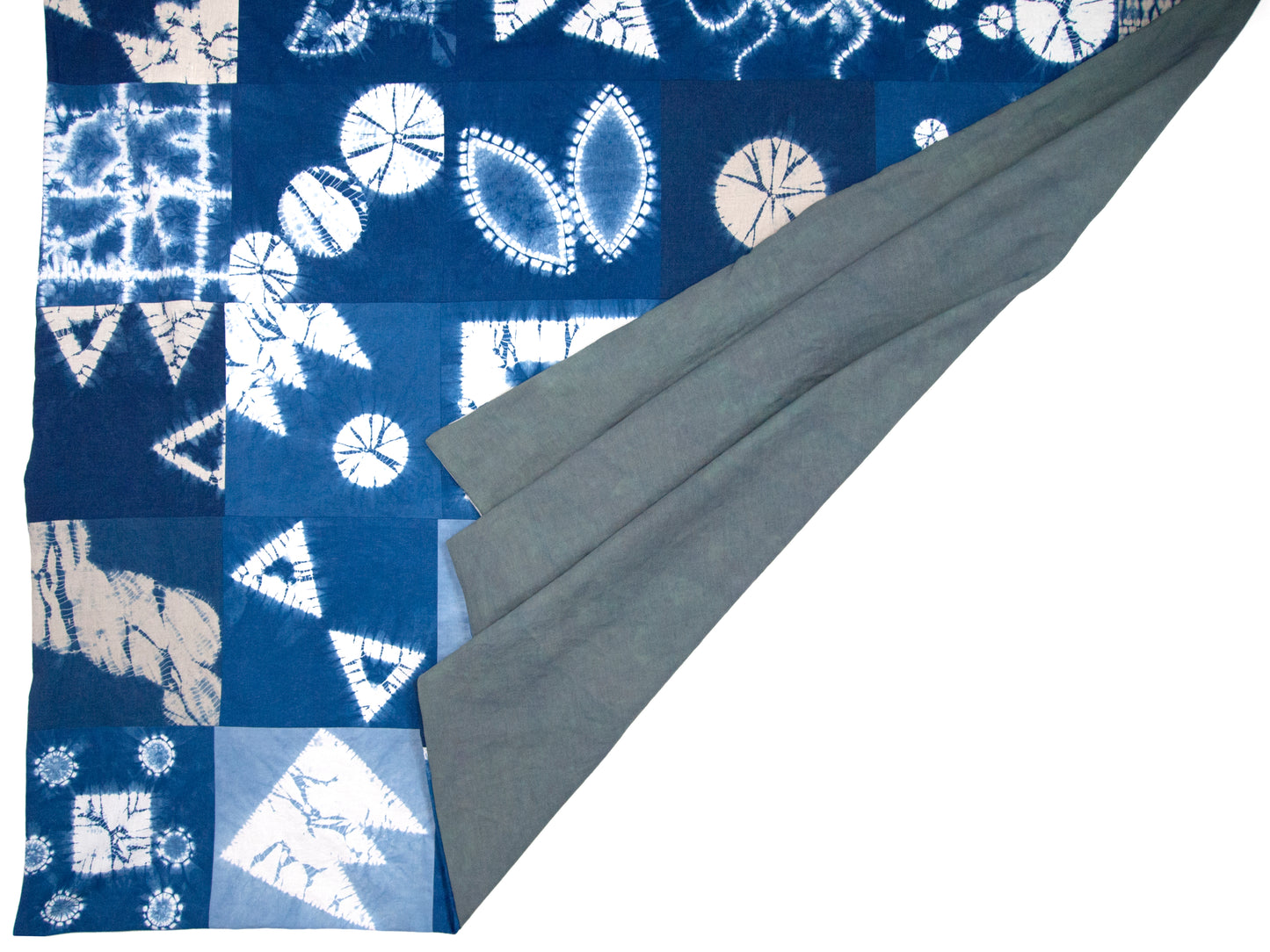 Patchwork Blanket of Indigo Dyed Squares as Throw or Queen Comforter