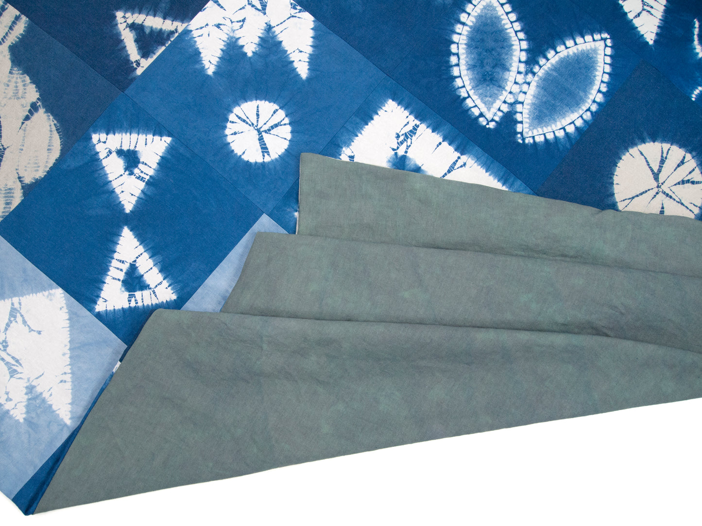 Patchwork Blanket of Indigo Dyed Squares as Throw or Queen Comforter