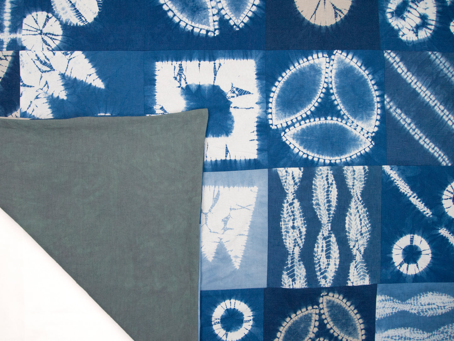 Patchwork Blanket of Indigo Dyed Squares as Throw or Queen Comforter