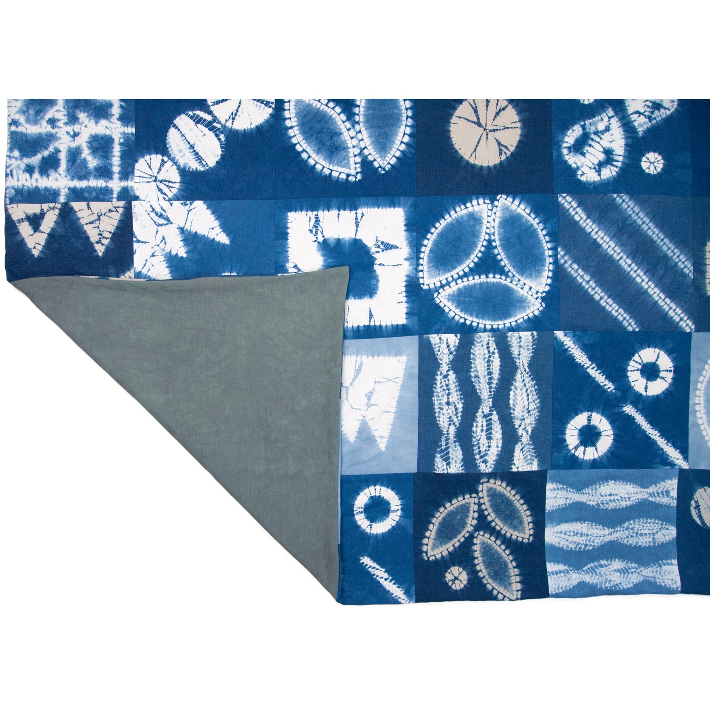 Patchwork Blanket of Indigo Dyed Squares as Throw or Queen Comforter