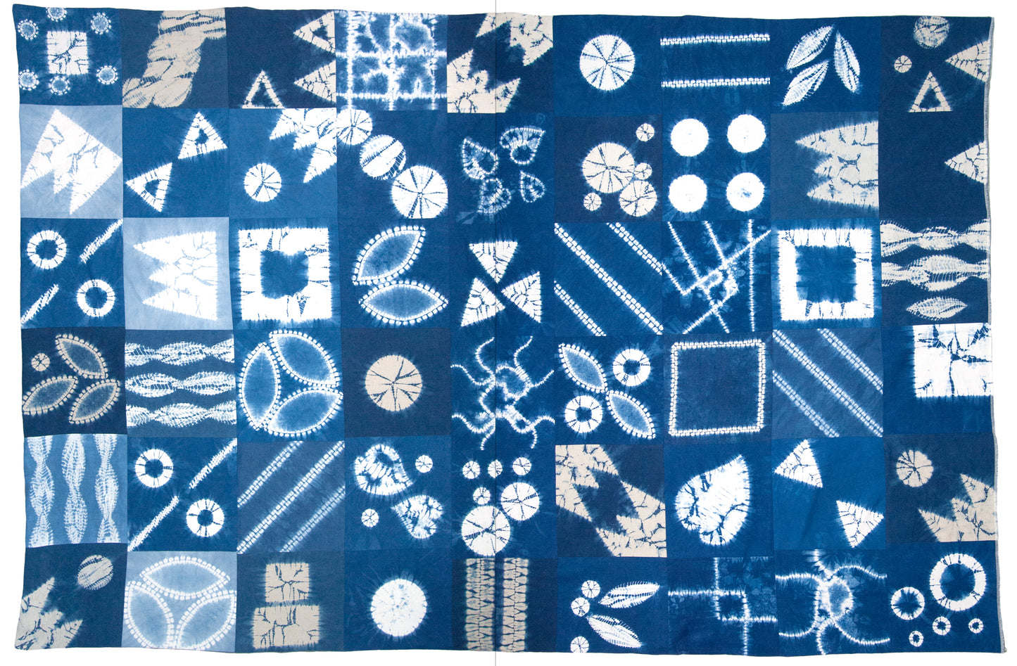 Patchwork Blanket of Indigo Dyed Squares as Throw or Queen Comforter