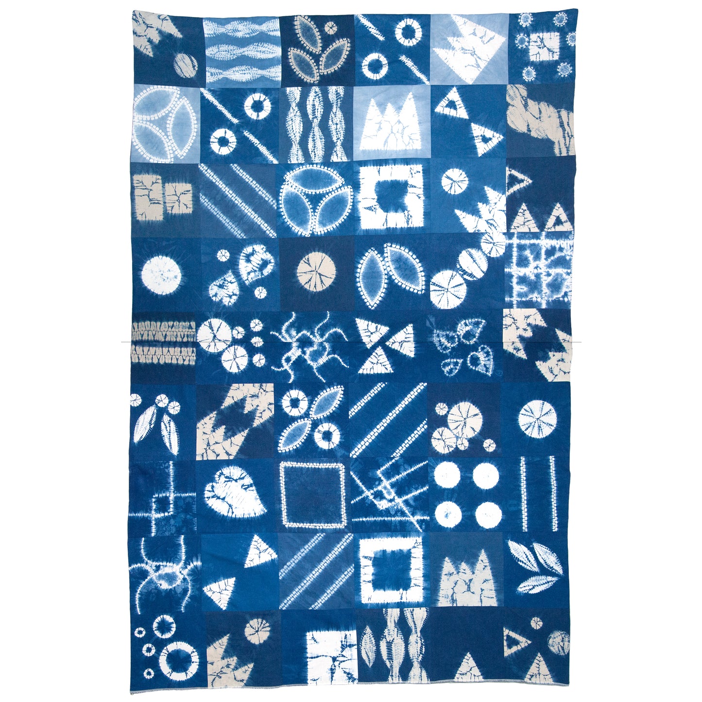 Patchwork Blanket of Indigo Dyed Squares as Throw or Queen Comforter