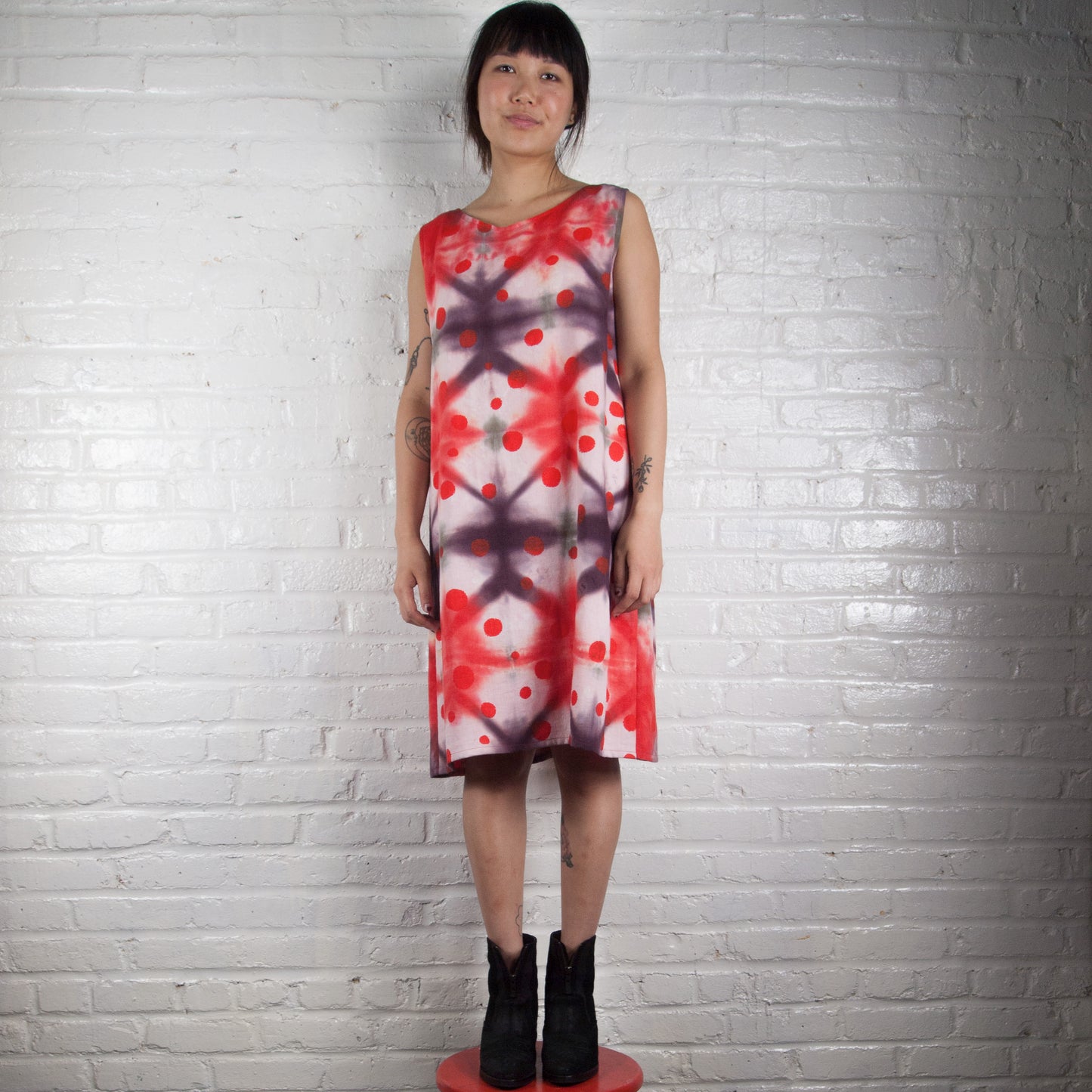 Reds Shibori Tent Dress with Polka Dots Print