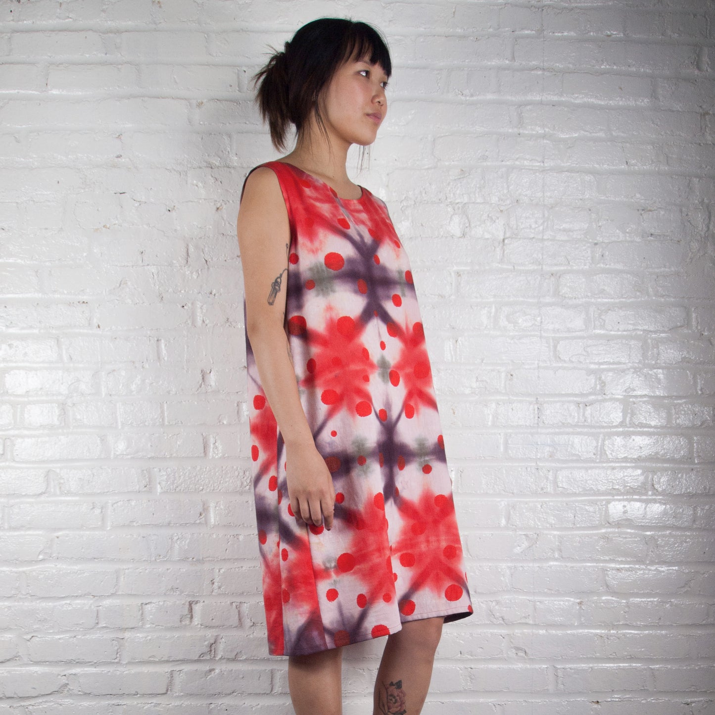 Reds Shibori Tent Dress with Polka Dots Print