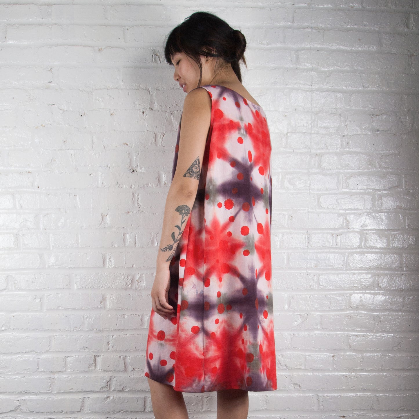Reds Shibori Tent Dress with Polka Dots Print