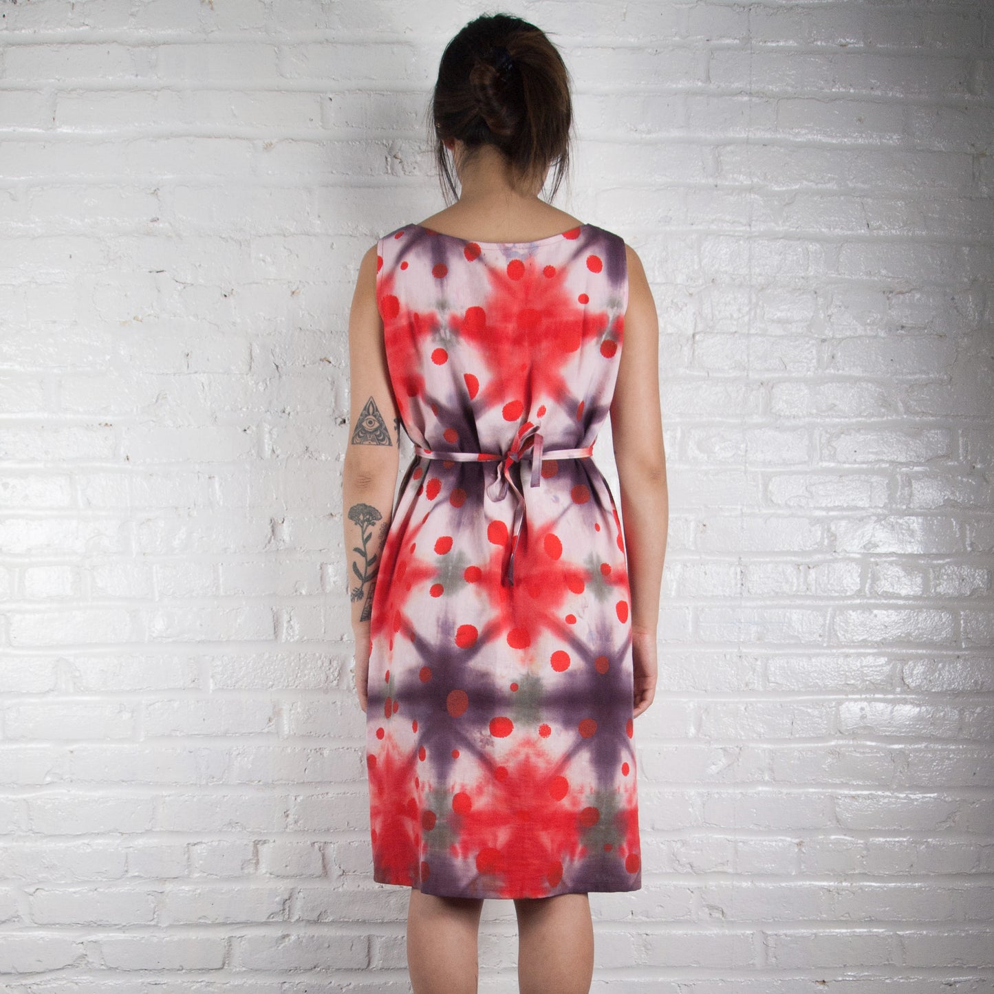 Reds Shibori Tent Dress with Polka Dots Print