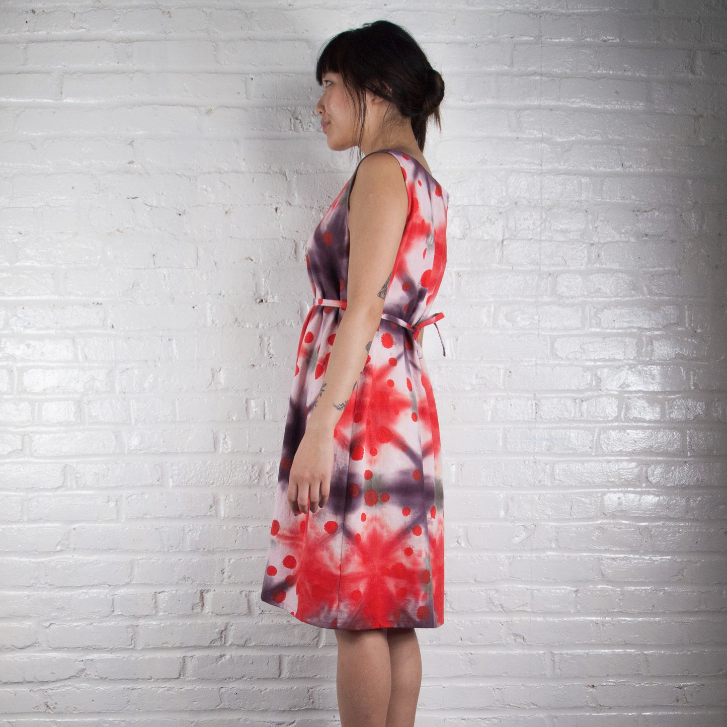 Reds Shibori Tent Dress with Polka Dots Print