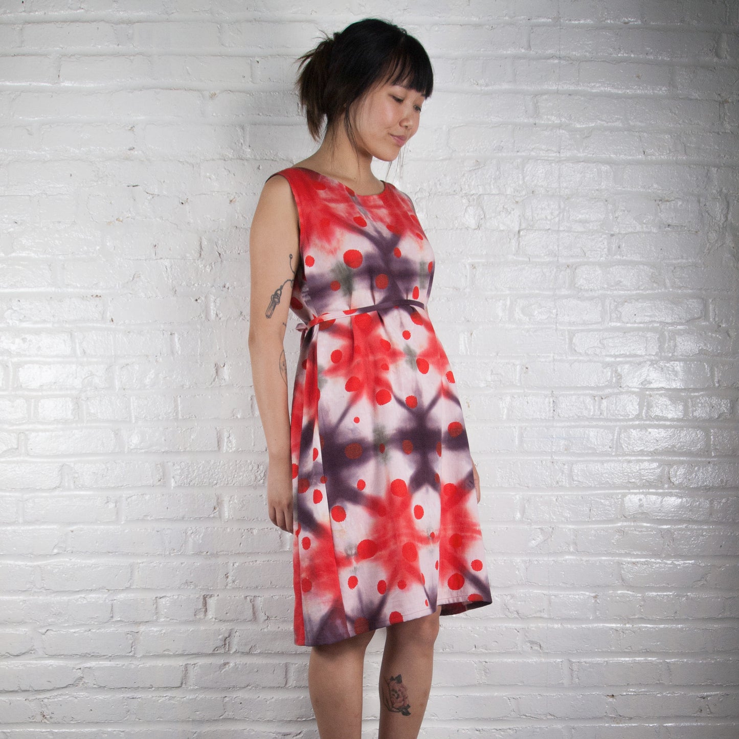 Reds Shibori Tent Dress with Polka Dots Print