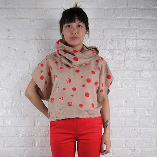 Cowl Neck Top // Anti Dyed Linen Blend with Coconut and Polka Dot Print