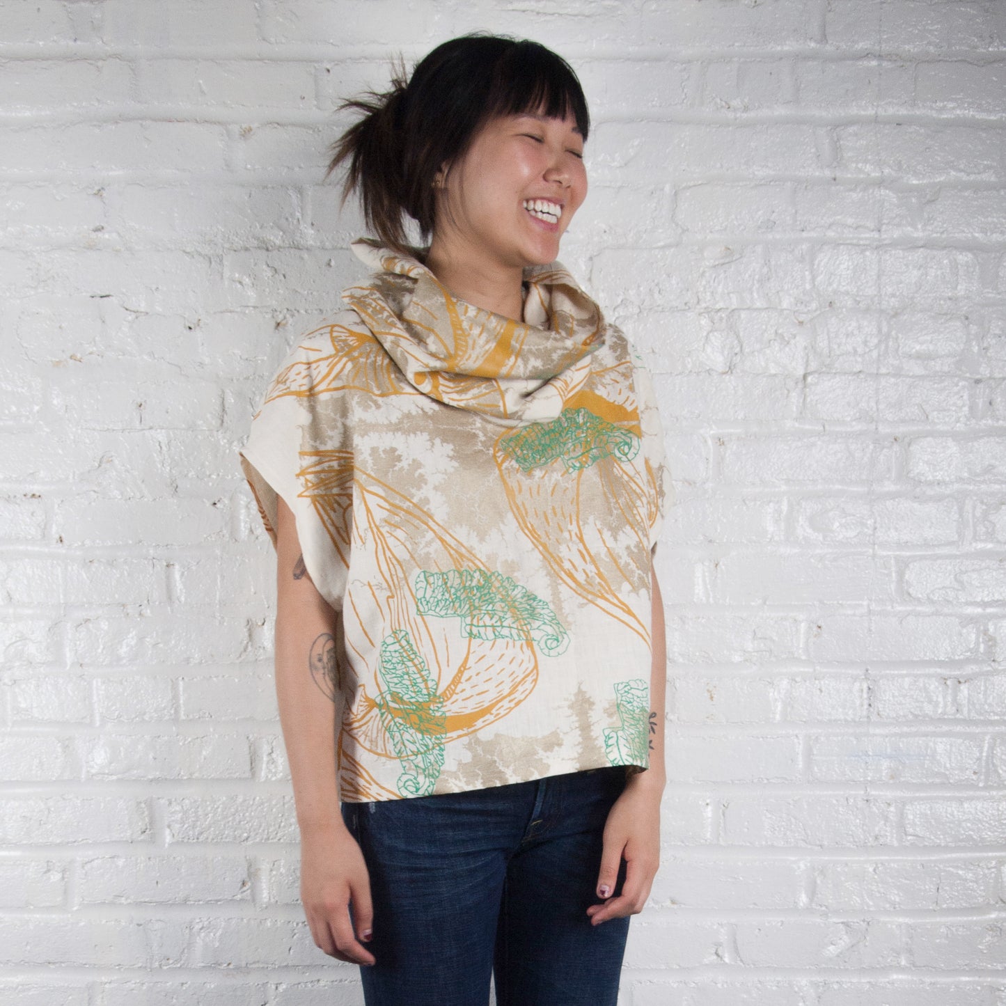 Cowl Neck Top // Linen Blend with bellflowers, goliath beetles, and polka dots Print