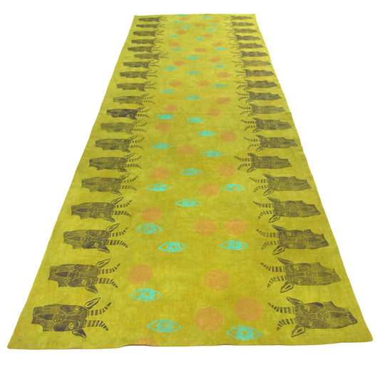 Chartreuse Green Linen Table Runner with Goat Blockprint