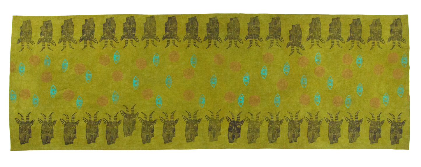 Chartreuse Green Linen Table Runner with Goat Blockprint