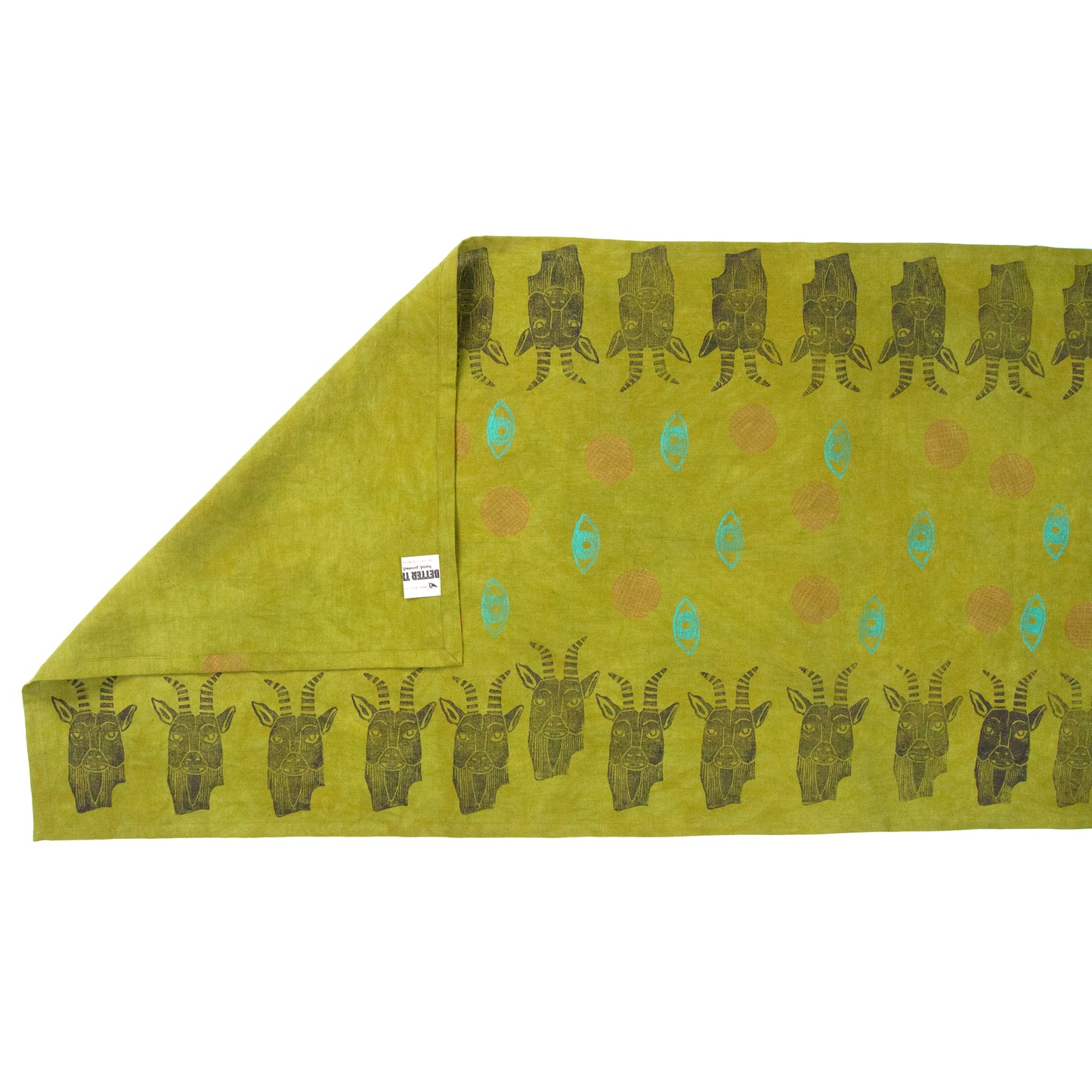 Chartreuse Green Linen Table Runner with Goat Blockprint