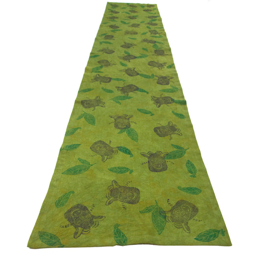 Avocado Green Linen Table Runner with Ram Blockprint