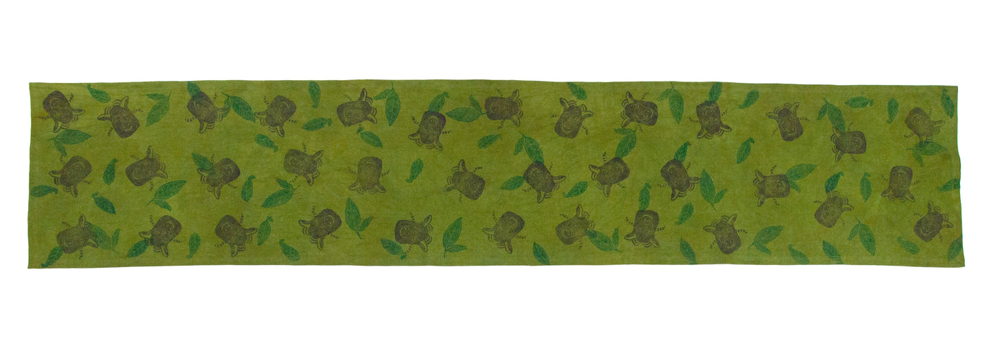 Avocado Green Linen Table Runner with Ram Blockprint