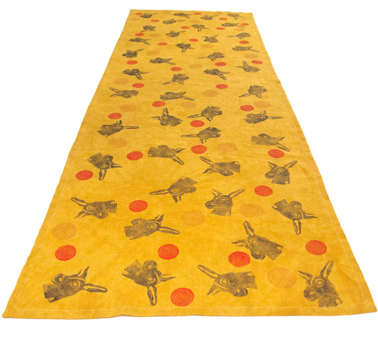 Gold Yellow Linen Table Runner with Donkey Blockprint