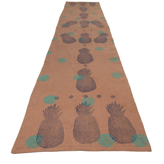 Brown Linen Table Runner with Pineapple Blockprint