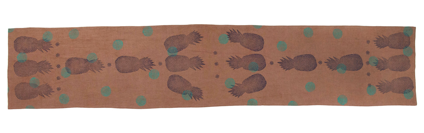 Brown Linen Table Runner with Pineapple Blockprint