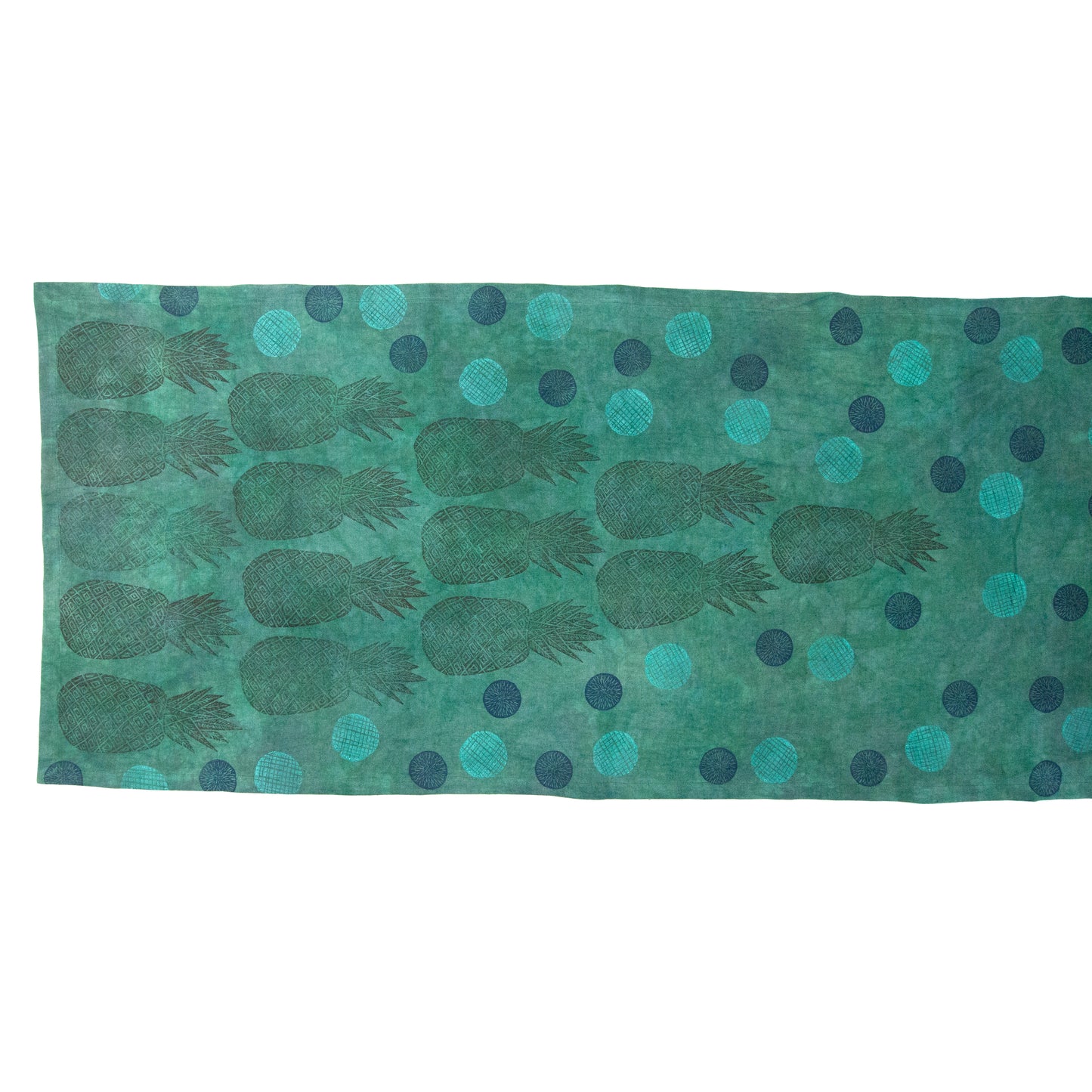 Green Linen Table Runner with Pineapple Blockprint
